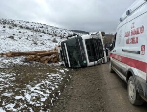 Bolu’da tomruk yüklü tır devrildi: 1 yaralı